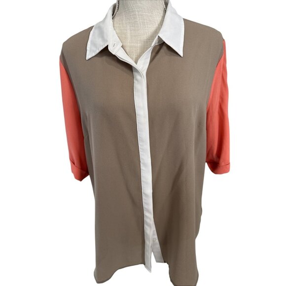 Apt. 9 Womens Beige/Coral/White Button-Down Collared Top XL - Picture 1 of 9